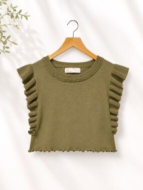 FP Beach Olive Ruffle Sleeve Knit Crop (284)